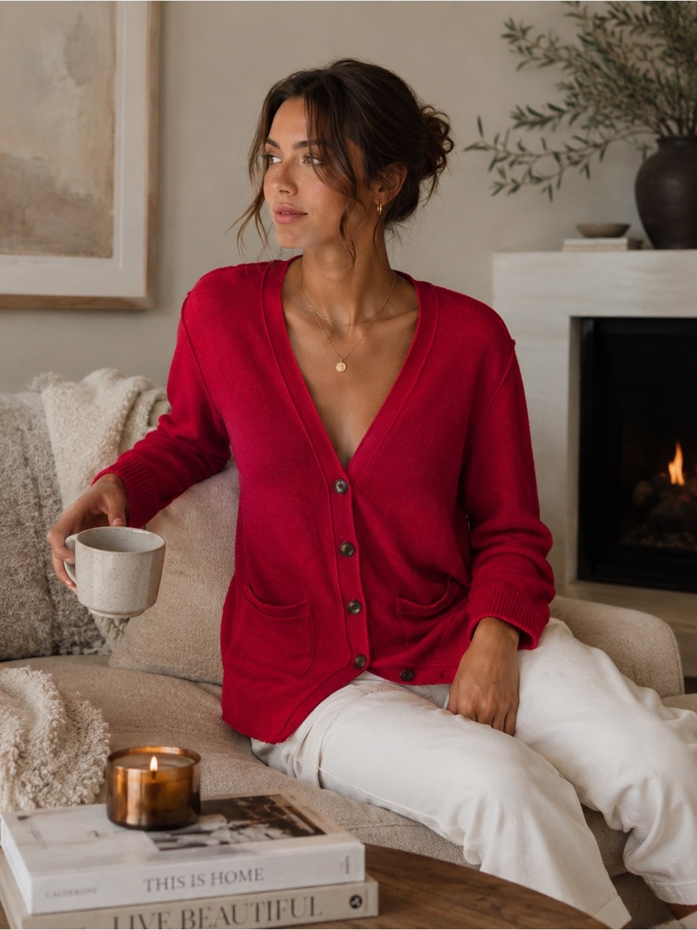 Mossimo Supply Co Red 100% Cotton Raw Seam Cardigan Sweater Sz L